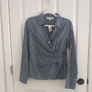 LOFT Navy and White Striped Wrap Button-Front Blouse